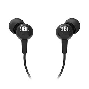 jbl c100si wired in ear headphones with mic, pure bass sound, one button multi function remote, premium metallic finish, angled buds for comfort fit (black)